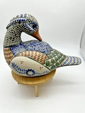 Tonala Mexico Pottery Duck Figurine Hand Painted Blue Brown  8" Tall Signed READ
