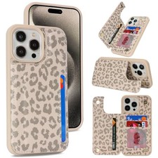 Beige Leopard Wallet Phone Case for iPhone 15 Pro Max, RFID Blocking Card Holder