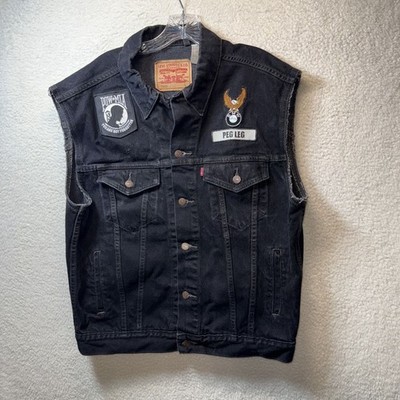 Levis Black Denim Vest W/ Patches POWMIA & Eagle BMW Logo Mens Large