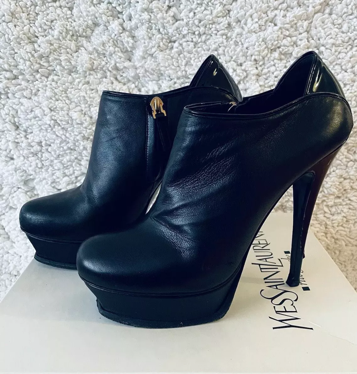 YSL Yves Saint Laurent Black Leather Tribute Ankle Booties Size
