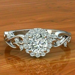 Authentic 2Ct Round Simulated Diamond Freeform Shape Wedding Ring 14K White Gold Plated