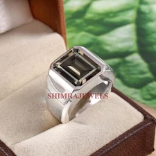 Natural Smoky Quartz Gemstone With 14K White Gold Plated Silver Men's Ring #1241