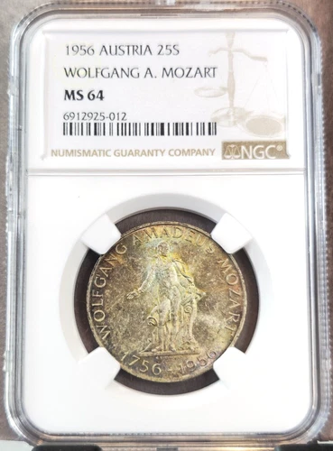 1956 AUSTRIA SILVER 25 SCHILLING WOLFGANG AMADEUS MOZART NGC MS 64 GREAT COLOR