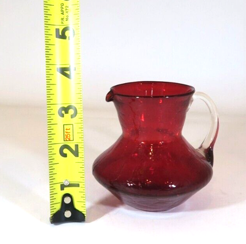 Hand Blown 4" Vintage Mini Ruby Red Crackle Glass Pitcher Applied Clear Handle - Picture 11 of 11