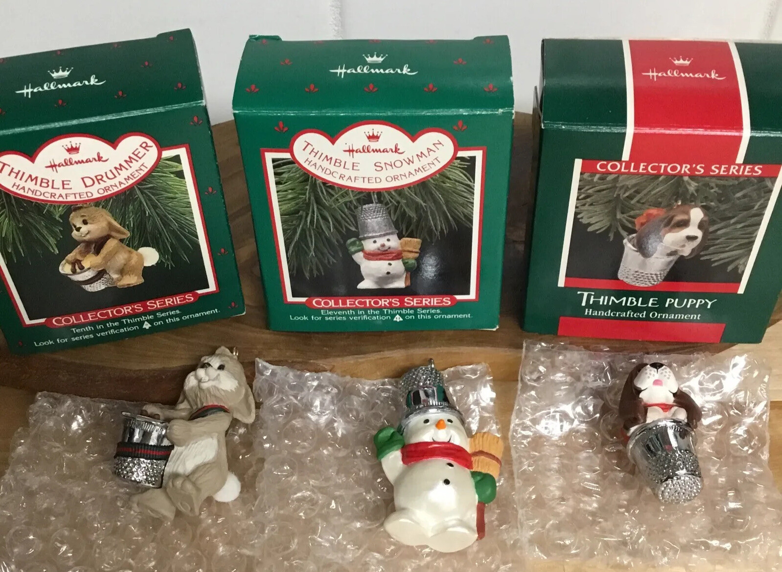 Vintage 1980s Hallmark Thimble Ornament Snowman Bunny Puppy Collectors