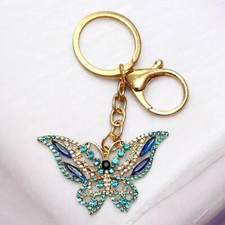 Sparkly Blue Rhinestone Butterfly Gold Tone Keychain Bag Charm