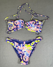 Victoria  s  Secret 2 Piece Bikini Small Swimsuit Ruched Halter Tie Blue Floral
