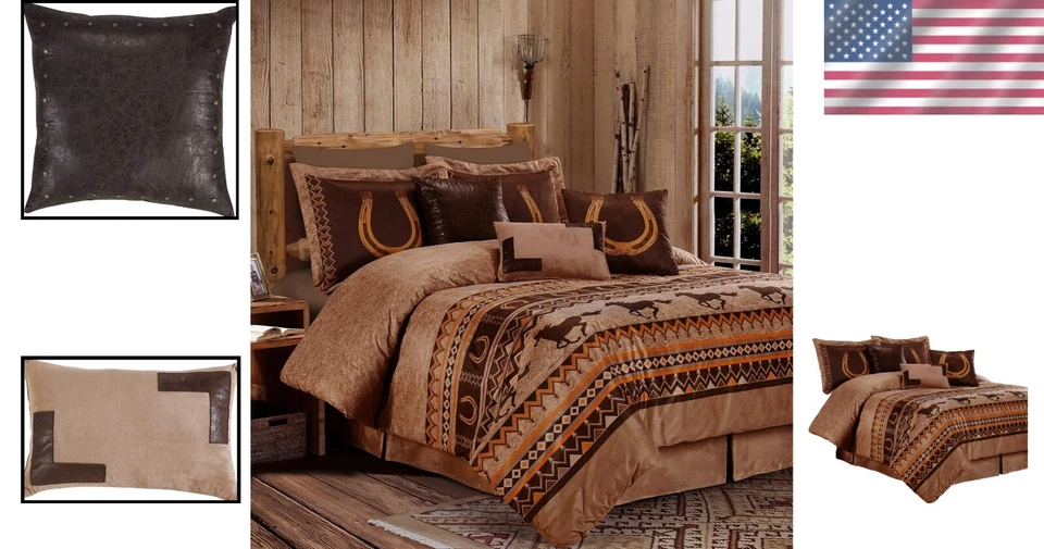 Juego de cama marrón rústico de 7 piezas - caballos salvajes del suroeste y patrones geométricos Foto 2 de 4