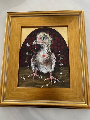 BABY BIRD PAINTING w/Gold Frame, Red Crystal Heart Multimedia Ashley Dietrich