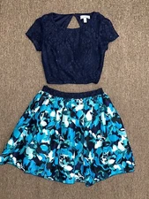 162 Speechless Two-Piece Lace Blue Top & Floral Skirt Juniors Size 0