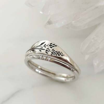 Lavender Signet Ring, Unique Gold Finish Wedding Ring Set