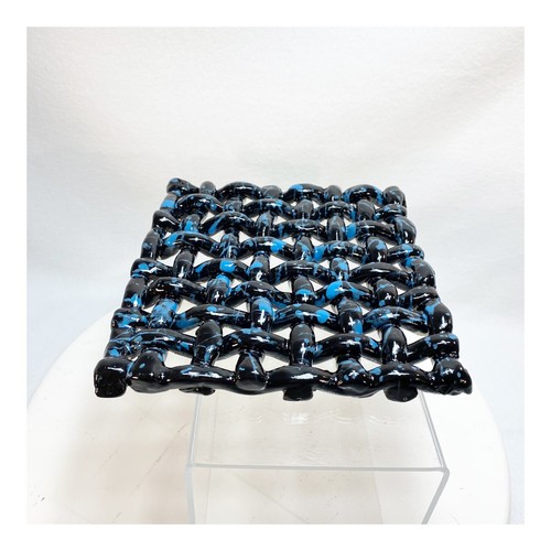 Handmade Clay Woven Trivet Black Blue Glossy - Picture 3 of 7