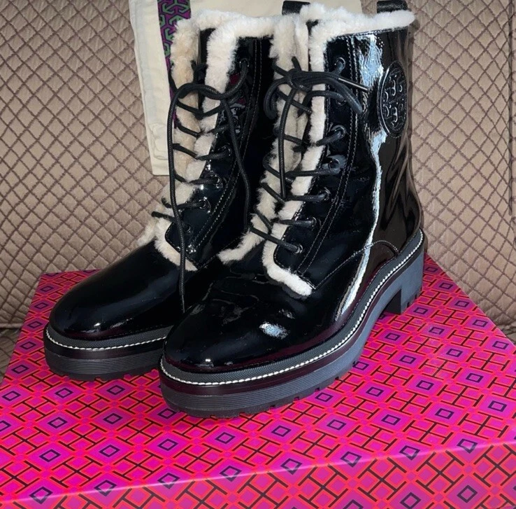Tory Burch - Botas de Combate Shearling Femininas Sola Preta Patente Tamanho 8 M Novas em Folha - Imagem 2 de 4