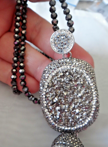 Anillo Talla 8 y 30" Piedra Druzy Negro Gris Cristal 6" Largo Borla Colgante Collar - Imagen 9 de 12
