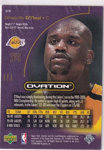 2000 Upper Deck Ovation NBA No. 25 Shaquille O'Neal - Picture 2 of 2
