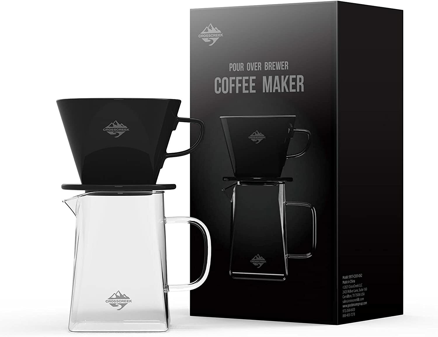 Pour Over Coffee Maker, Black Cone Ceramic Dripper with Glas