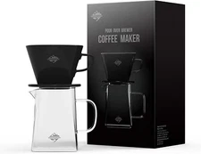 Pour Over Coffee Maker, Black Cone Ceramic Dripper with Glass Square Carafe 