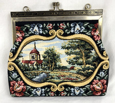 Vintage Scenic  Floral Tapestry Evening Purse Kiss Lock Gold-Tone Chain  Frame