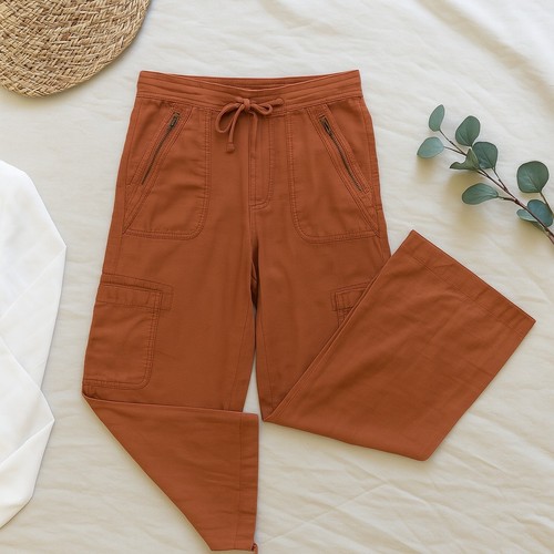 Y2K American Eagle Damen Cargohose Größe 4 rostorange weites Bein Leinenmischung