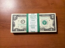 Bank Bundle Of Two Dollar Bills ($2 Bills) 100 CRISP UNCIRCULATED NOTES $200 FV