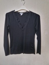 H&M Long Sleeved Ribbed Top.  Size L, 14-16.  Black.  V-neck, Lacy Trim.