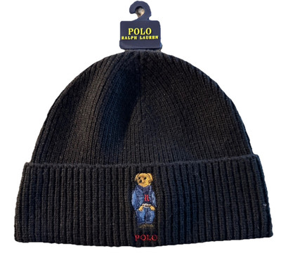 NWT POLO RALPH LAUREN Mens Black Wool Blend “Denim Polo Bear” Beanie Cap  O/S