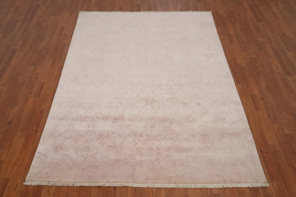 Pastel Colors Nepalese Area Rug 6x8 Hand-knotted Damask Pattern in Wool/ Silk - Image 2 of 4