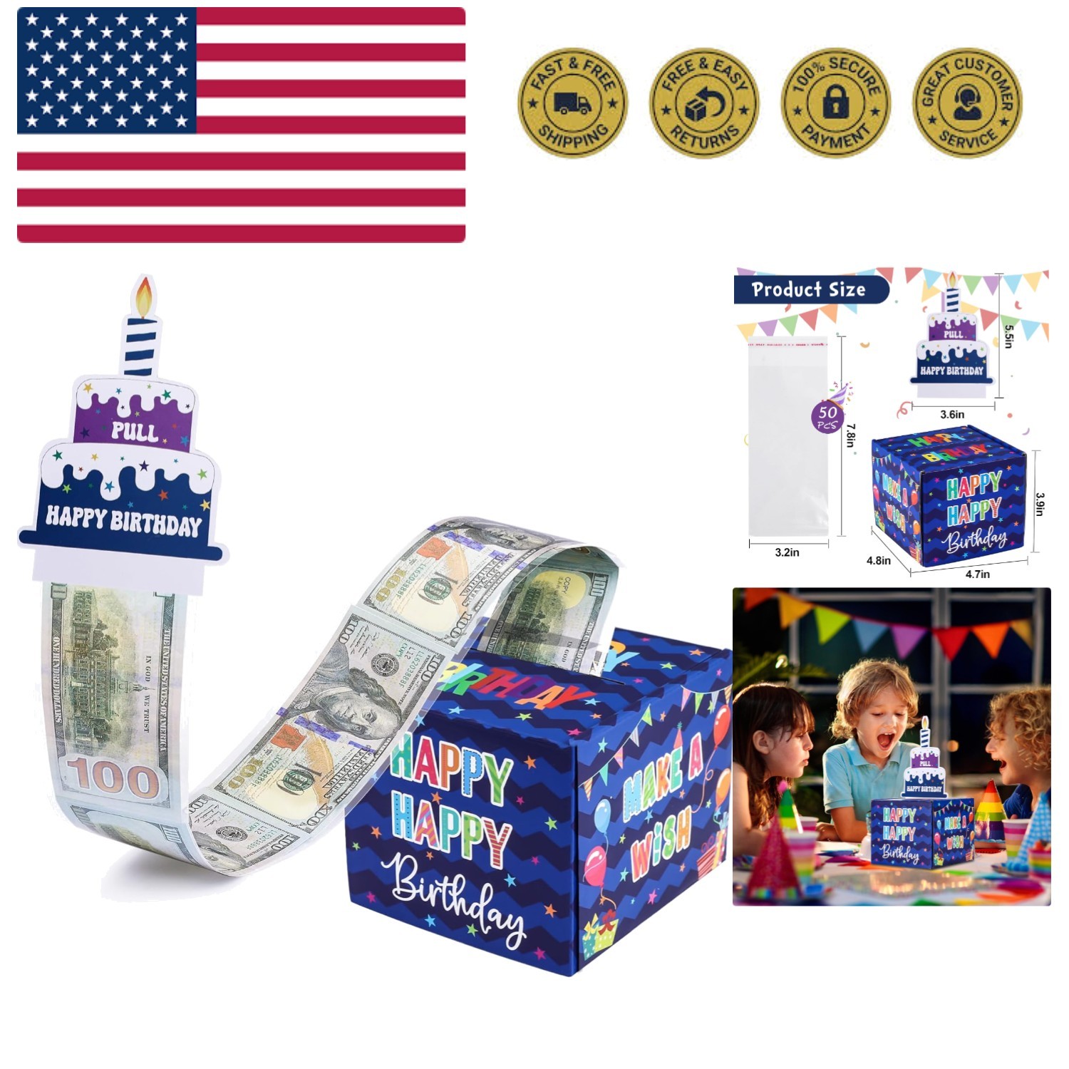 Surprise Cash Gift Box with Happy Birthday Card & 50 Gift Bags Included
