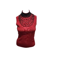 Evie Petite P/L Red Silk Blend Sleeveless Beaded High Neck Top Sparkly Lurex 