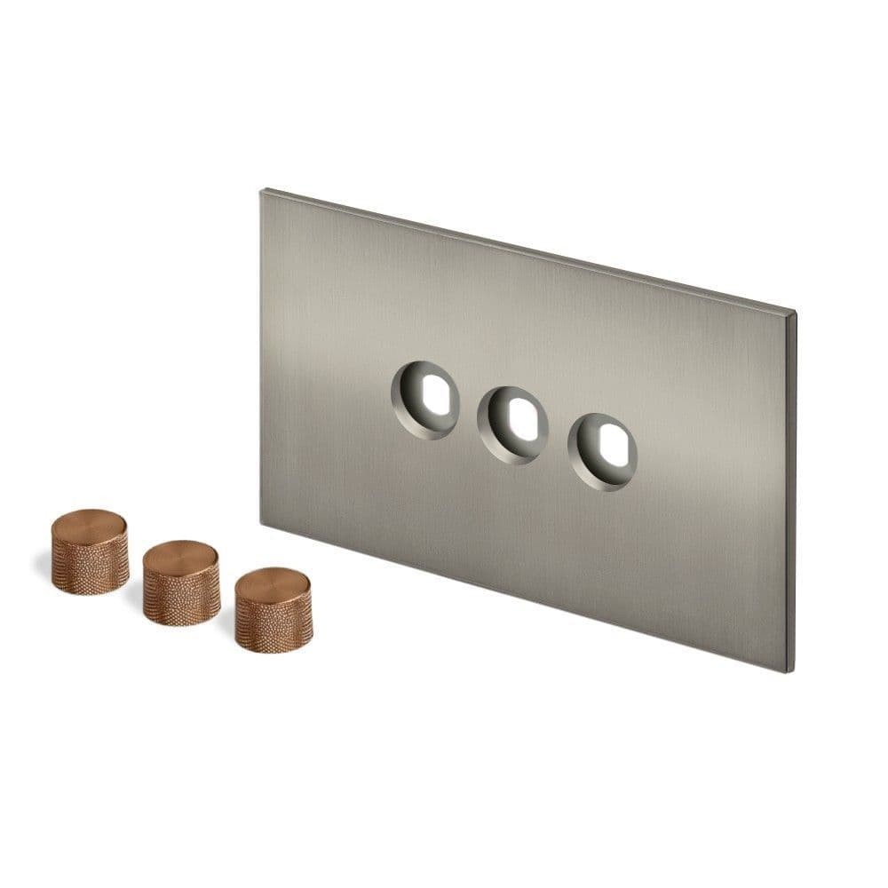 Retrotouch Aura Dimmer Plate 3 Gang with Bronze Knobs - Brushed Nickel