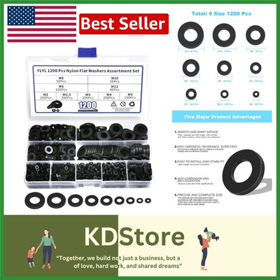 #ad Versatile 1200 Pcs Black Nylon Flat Washers 9 Sizes for Home Projects $12.99