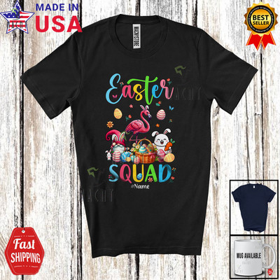 Happy Easter; Custom Name Flamingo Bunny Rabbit Eggs Basket; Family Shirt