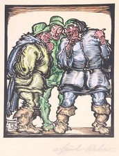 Andreas Paul Weber (1893–1980) Farbholzschnitt "Klatsch-herren" um 1925. Mit Ble