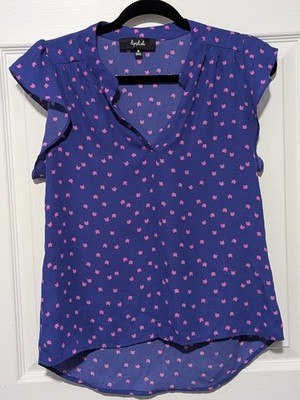 Blue Flutter Sleeve Top With Pink Kitty Pattern Sz Medium EUC