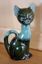 Blue Mountain Pottery Katze, Blau Grüne Verlaufsglasur, Terracotta, 16 cm