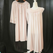 Vtg Gilead Size L Pink Nylon Pegnoir Set Gown Robe Lacy Babydoll Glam Bridal