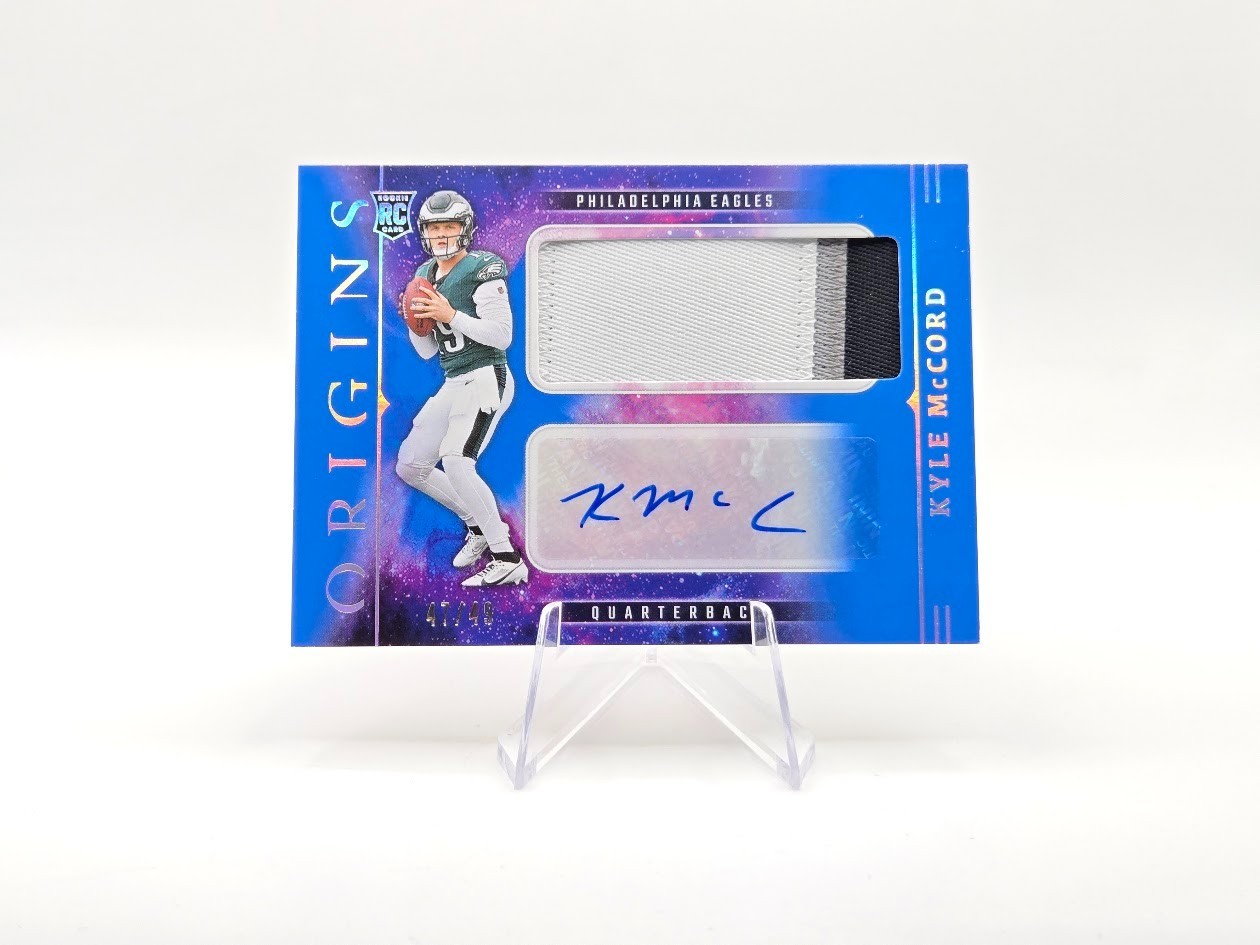 Kyle McCord 2025 Panini Origins RC RPA Auto Patch Blue SP /49 #RJJ-KMD Eagles