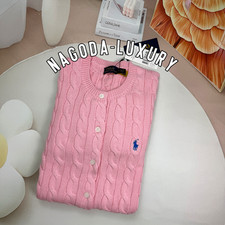 POLO RL Women  s L Pink Cable Knit Button Cardigan Sweater Pony Logo