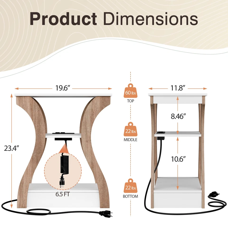 2PCS 3 Tier End Table Side Table with Outlets and USB Ports Storage Table White - Image 2 of 4