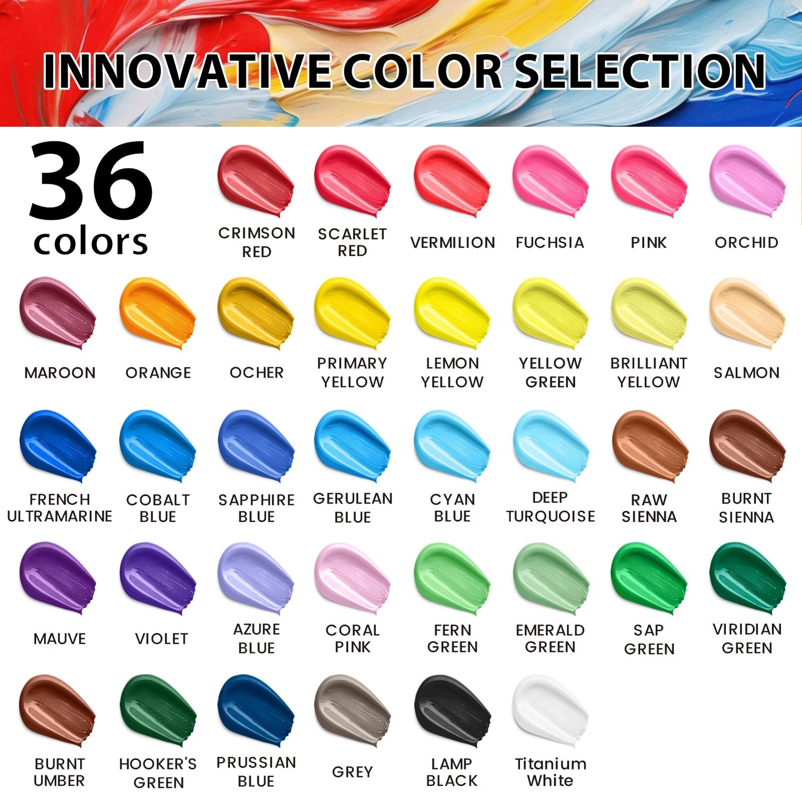 52 Pcs Acrylic Paint Set - 36 Colors (2oz/60ml) with 12 Brushes, 2 Knives & P...