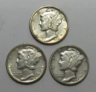 3 Mercury Dimes 1939 AU, 1939-D AU,  39-S Good+