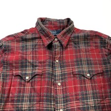 Polo Ralph Lauren Medium Western Cowboy Pearl Snap Button LS Plaid Shirt Red
