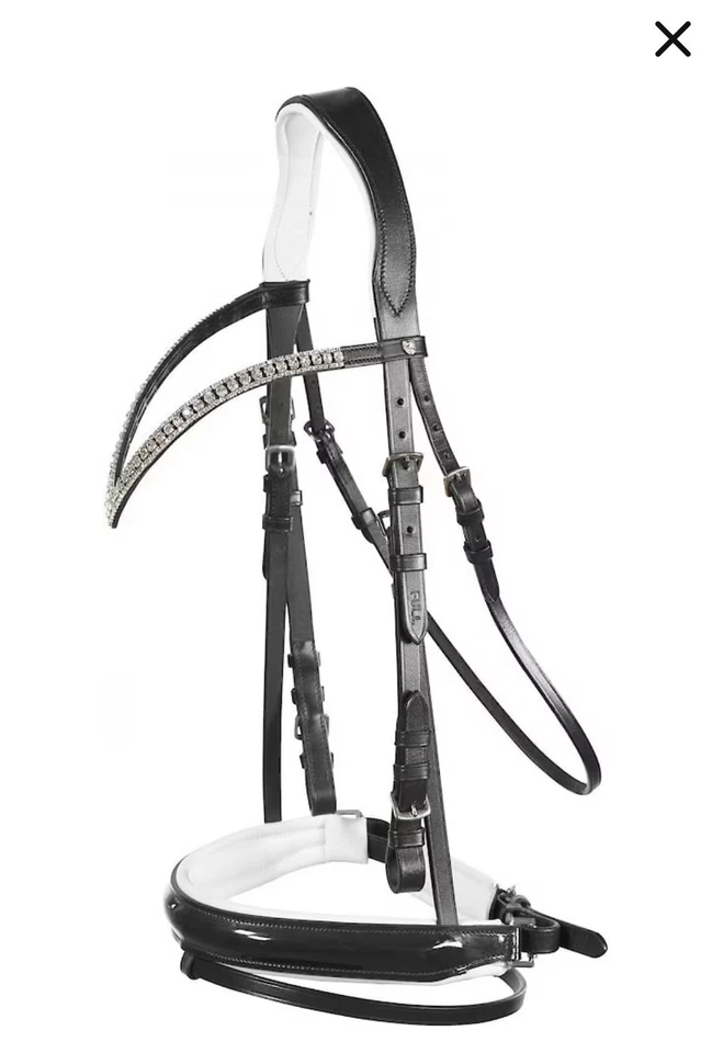 Dressage Bridle, black patent leather with white, Warmblood, NWT  - Image 3 of 4