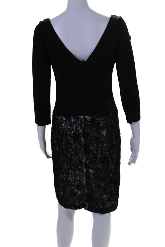 Vestido negro con cremallera manga larga cuello en V detalle floral Marchesa Notte para mujer talla 8 Foto 3 de 4