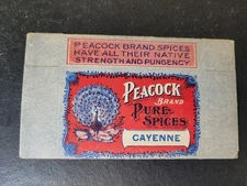 c1910 Peacock Spice Box Cayenne Pepper NOS Unused Original Cardboard, Not Tin
