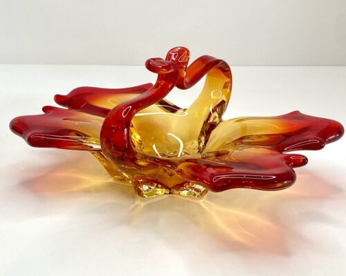 Vintage Murano Art Glass Basket Free Form Bowl Butterfly Dish Amberina MCM RARE - Picture 9 of 12