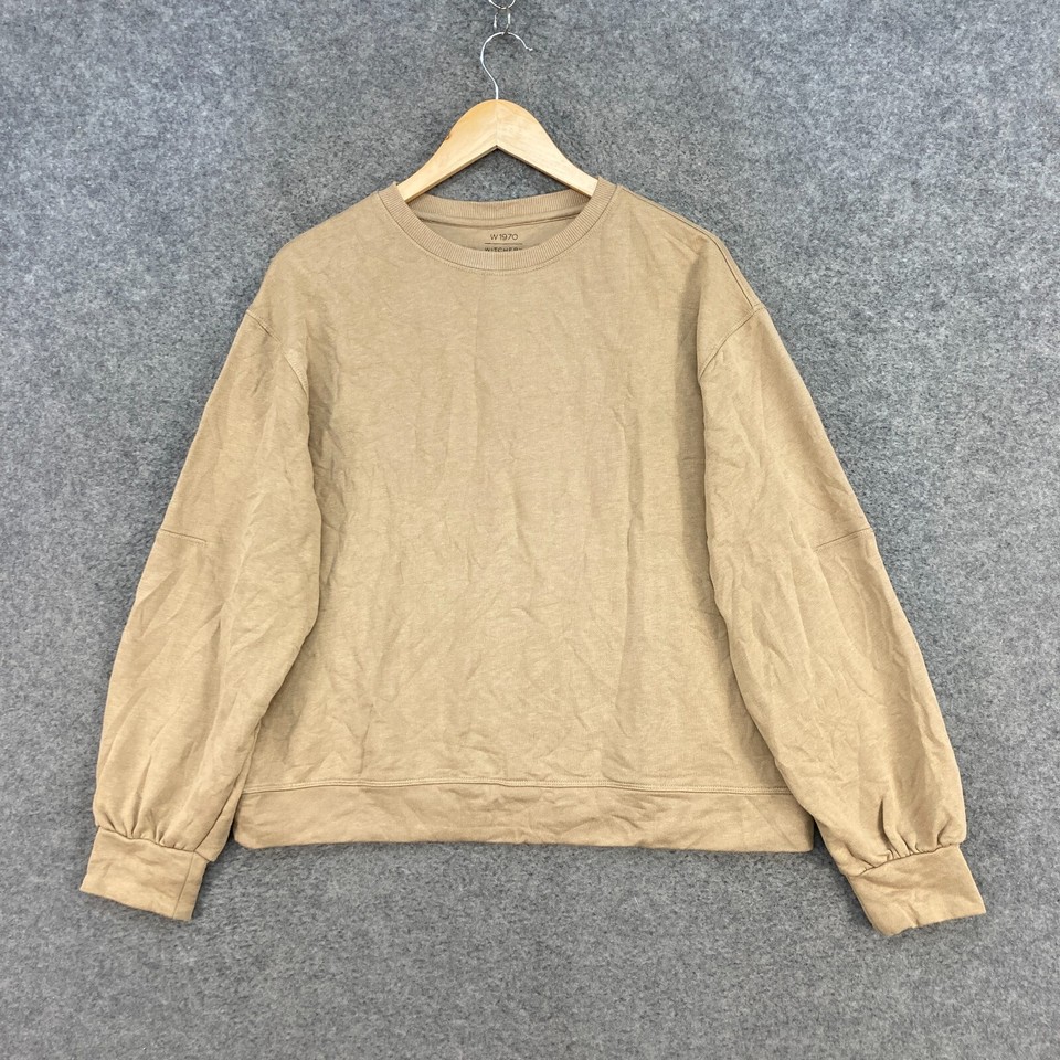 Witchery Jumper Womens Medium Beige Cotton Sweater Pullover Logo Crew Neck 4820