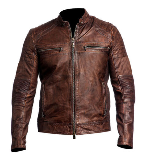 New Men's Distressed Brown Motorcycle Real Sheepskin Leather Biker Jacket - Picture 1 of 4