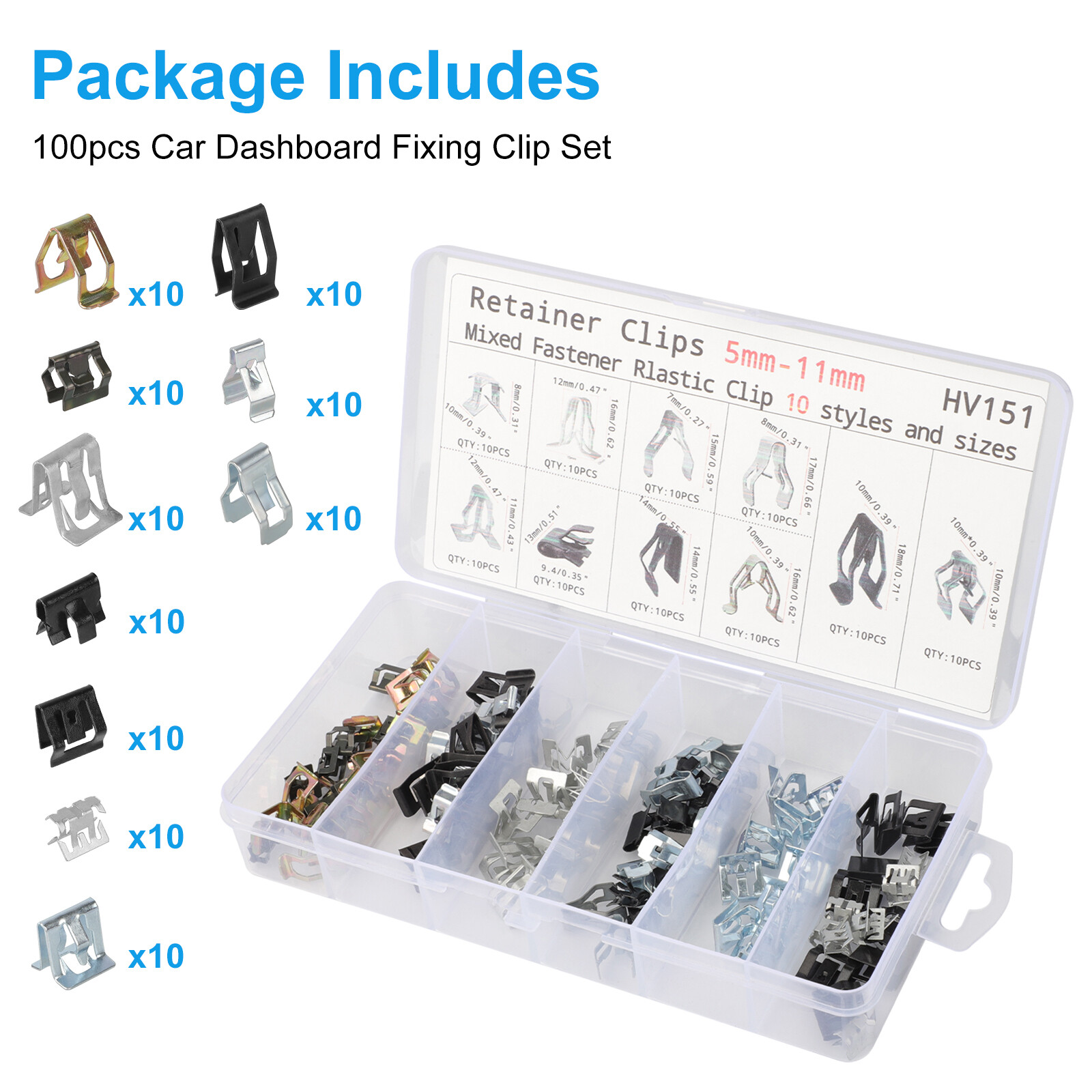 100pcs Metal Trim Panel U-Clip Spring Clips Fasteners Set for VW Audi Jetta Golf