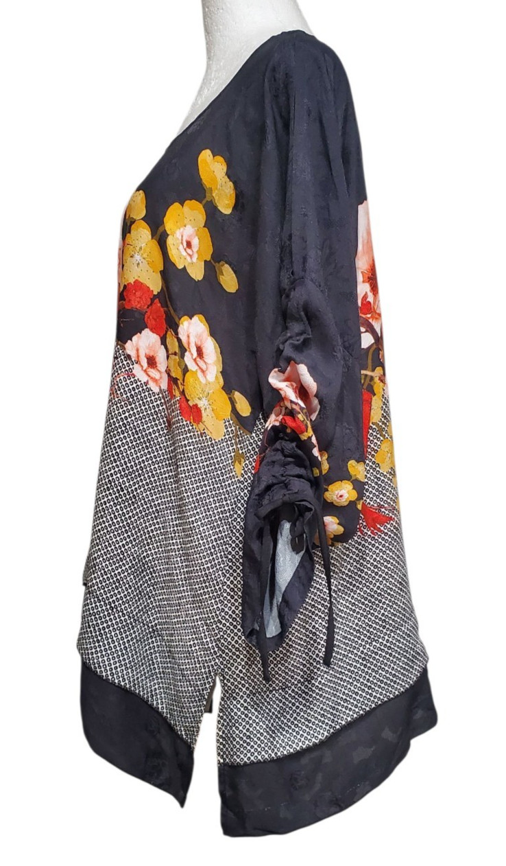 Citron Santa Monica Floral Silk Blend Cold Shoulder Top Size Large Ruched Sleeve